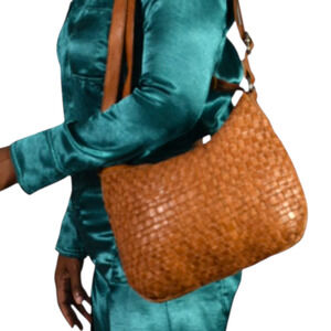 Vilenca Leather Bag Brown Woven Leather Adjustable Shoulder Curved Braided